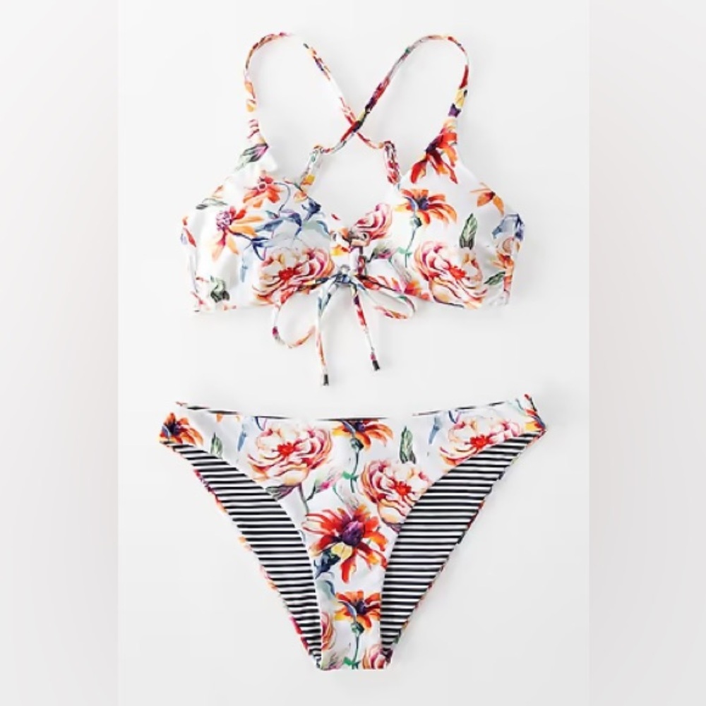 Cupshe Floral and Striped Bikini Set - Multicolor